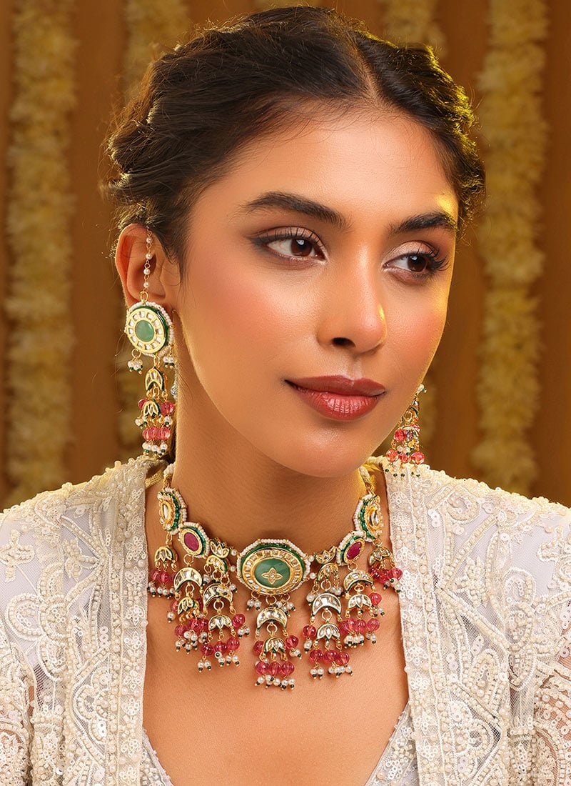 Luminous Pink Kundan Beads Pearl Choker Wedding Wear