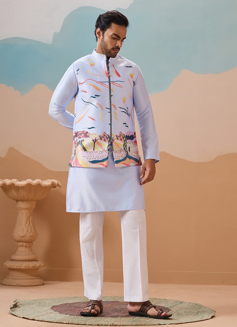 Luminous Sky Blue Silk Embroidered Sequins Thread Bandi Set Wedding Wear