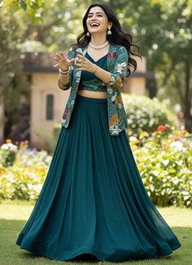 Luminous Teal Georgette Foil Print Indowestern Set and Suit