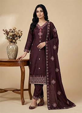 Luminous Wine Chinon Silk Embroidered Sequins Straight Pant Suit
