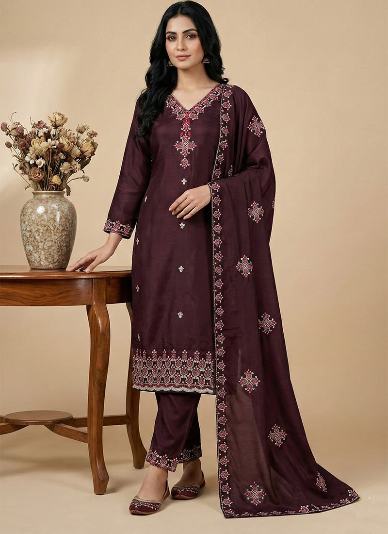 Luminous Wine Chinon Silk Embroidered Sequins Straight Pant Suit Festive Wear