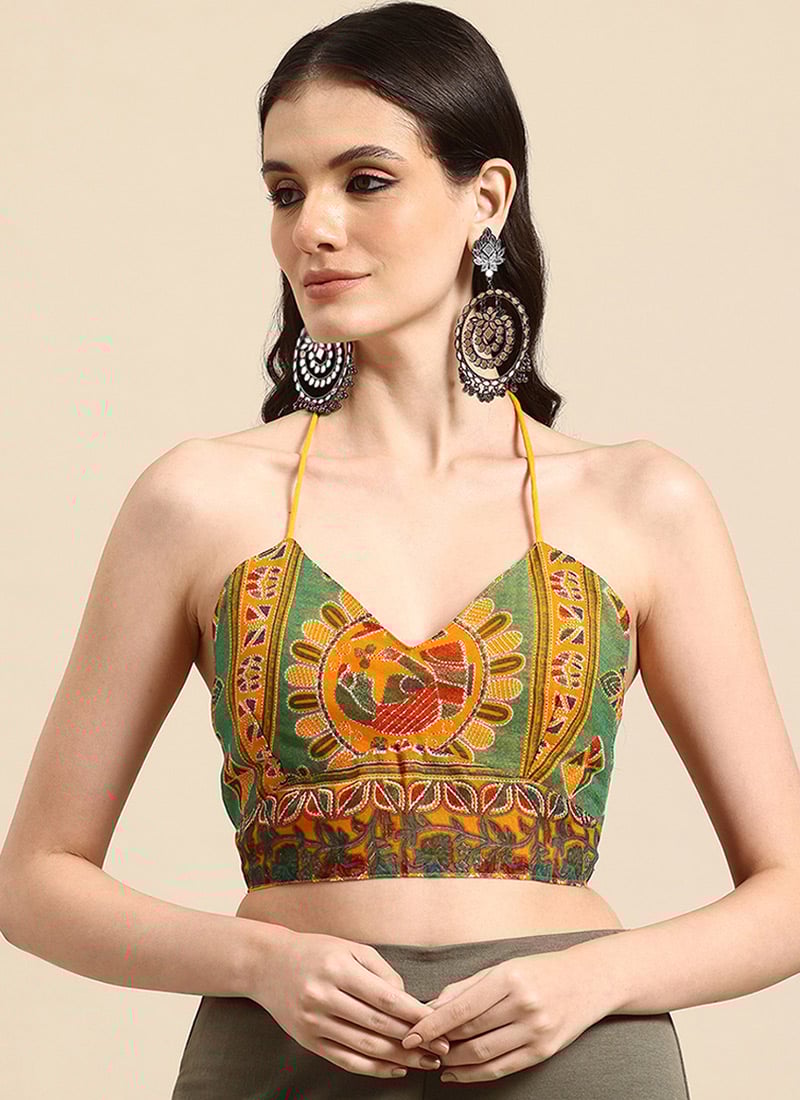 Lush Green Chanderi Ikat Printed Blouse After Six Wear