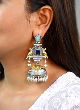 Lustrous Blue Kundan Beads Oxidised Jhumka