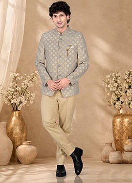 Lustrous Grey Silk Embroidered Bandhgala Suit