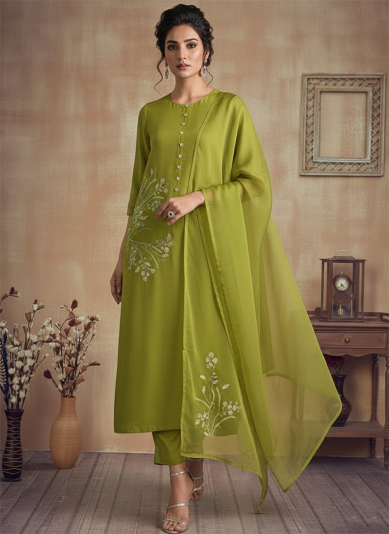 Lustrous Lime Green Silk Sequins Cutdana Hand Embroidered Straight Pant Suit Festive Wear