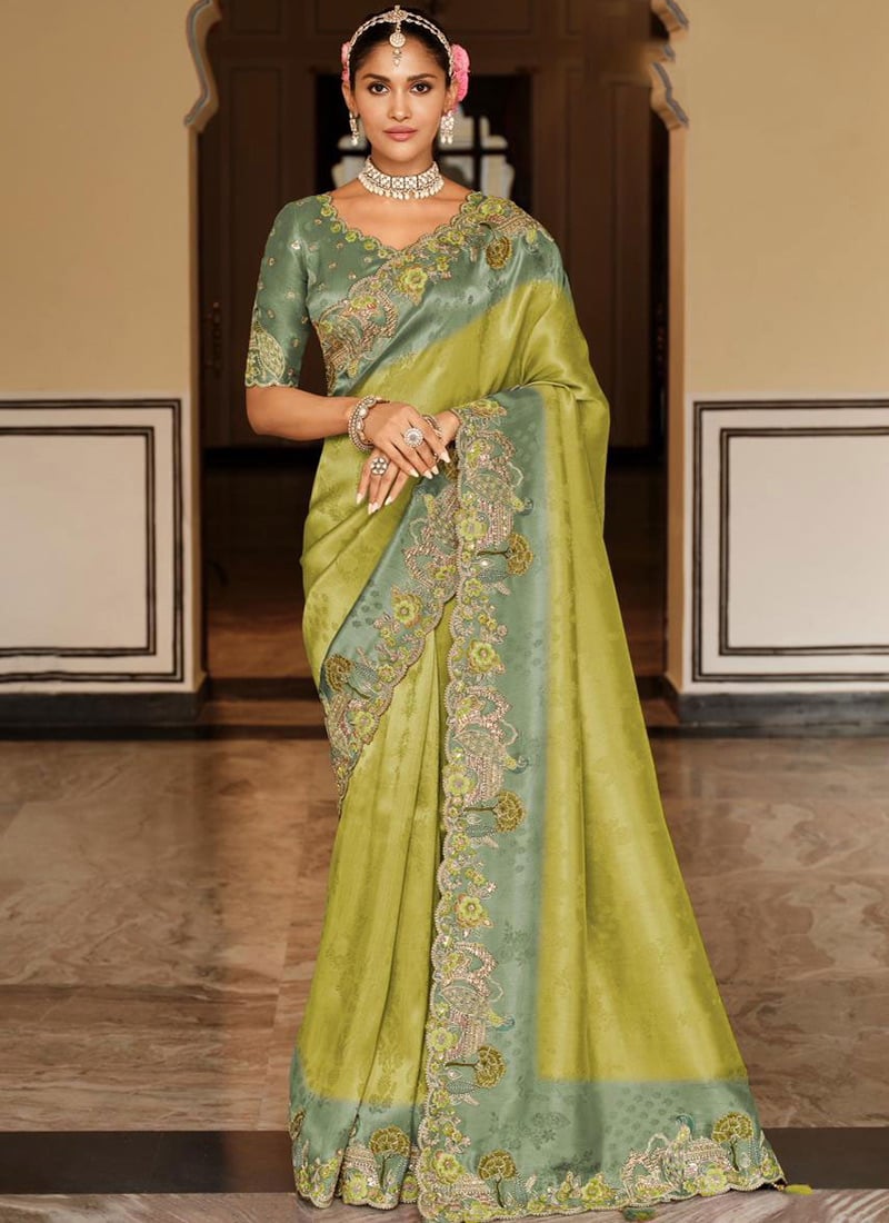 Lustrous Lime Soft Silk Zari Weaving Heavy Thread Embroidery Khatli Work Saree Wedding Wear