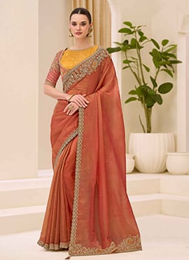 Lustrous Peach Silk Embroidered Sequins Zari Thread Saree