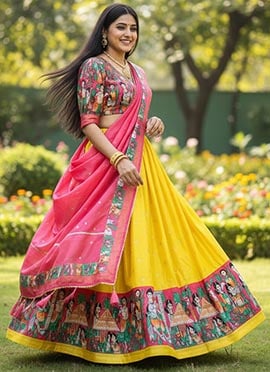 Lustrous Yellow Dola Silk Kalamkari Print Umbrella Lehenga