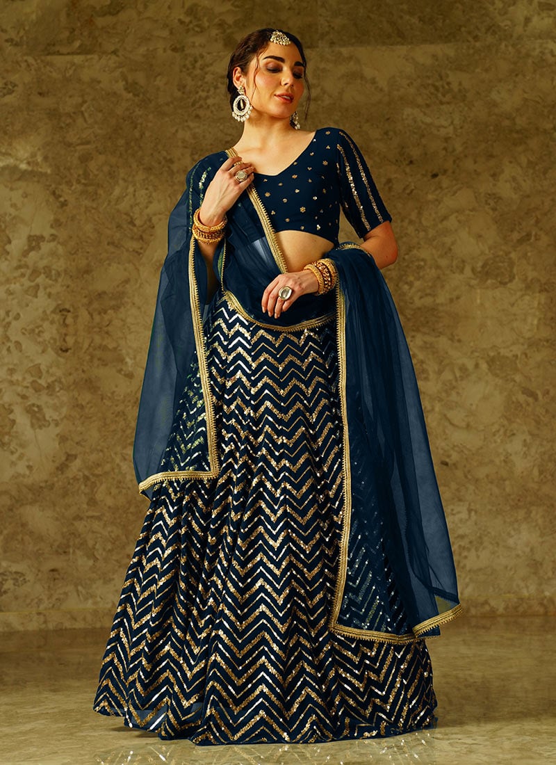 Luxe Blue Georgette Lehenga With Zari Embroidered Shimmering Sequins Accents Wedding Wear