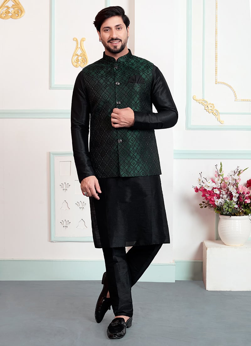 Luxe Green Satin Blend Jacquard Bandhgala Jacket