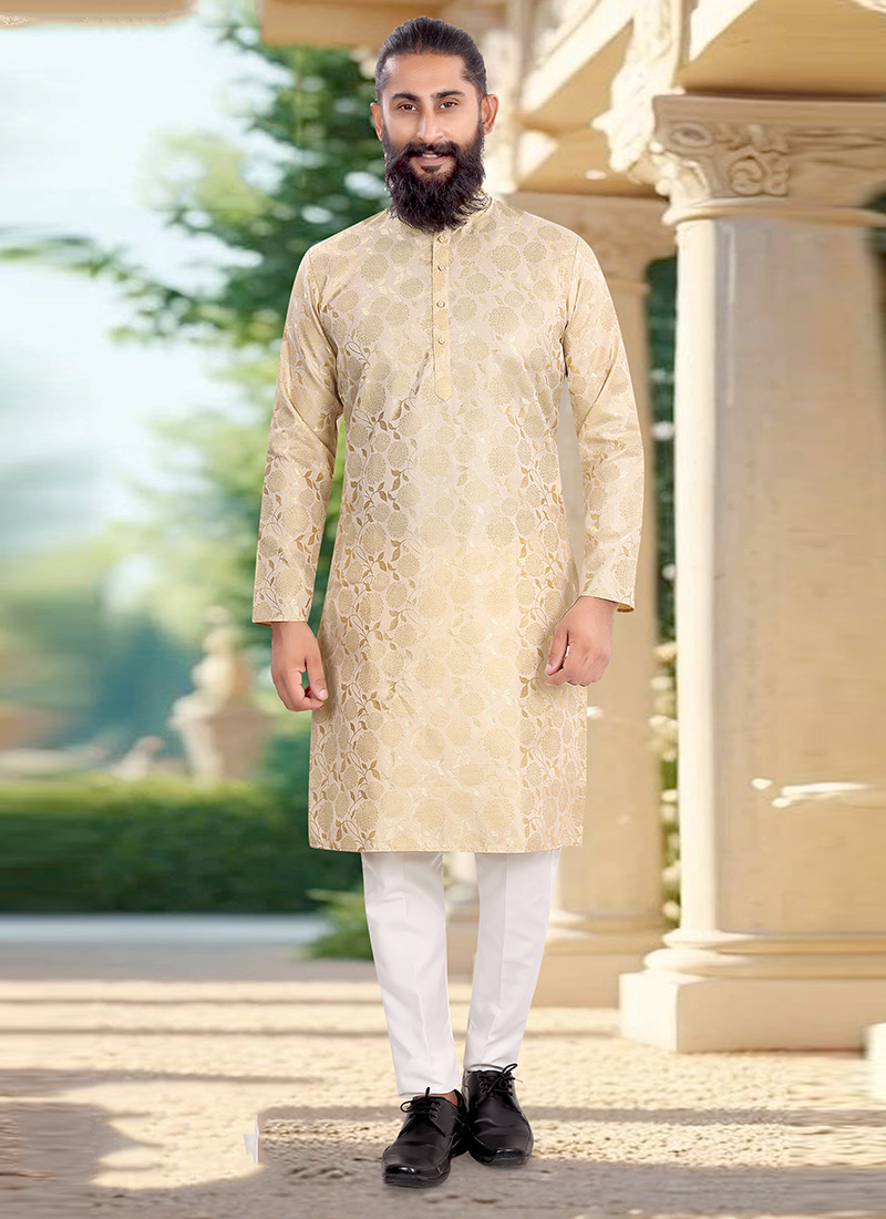 Luxe Ivory Jacquard Silk Kurta Pyjama Festive Wear