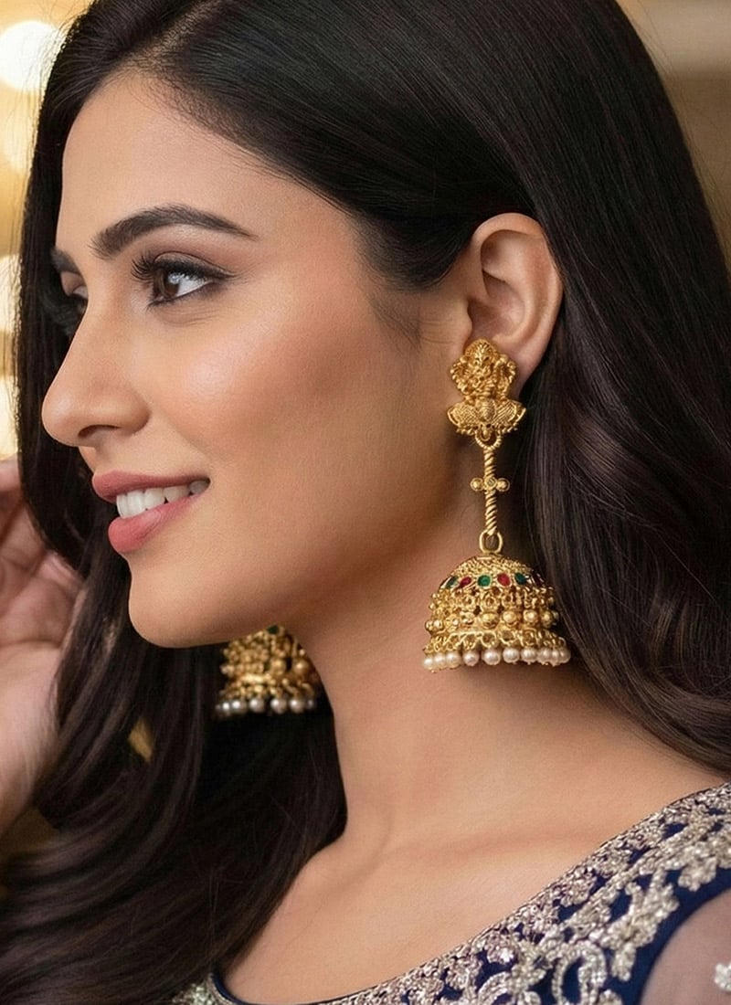 Luxuary Golden Beads Kundan Jhumka Festive Wear