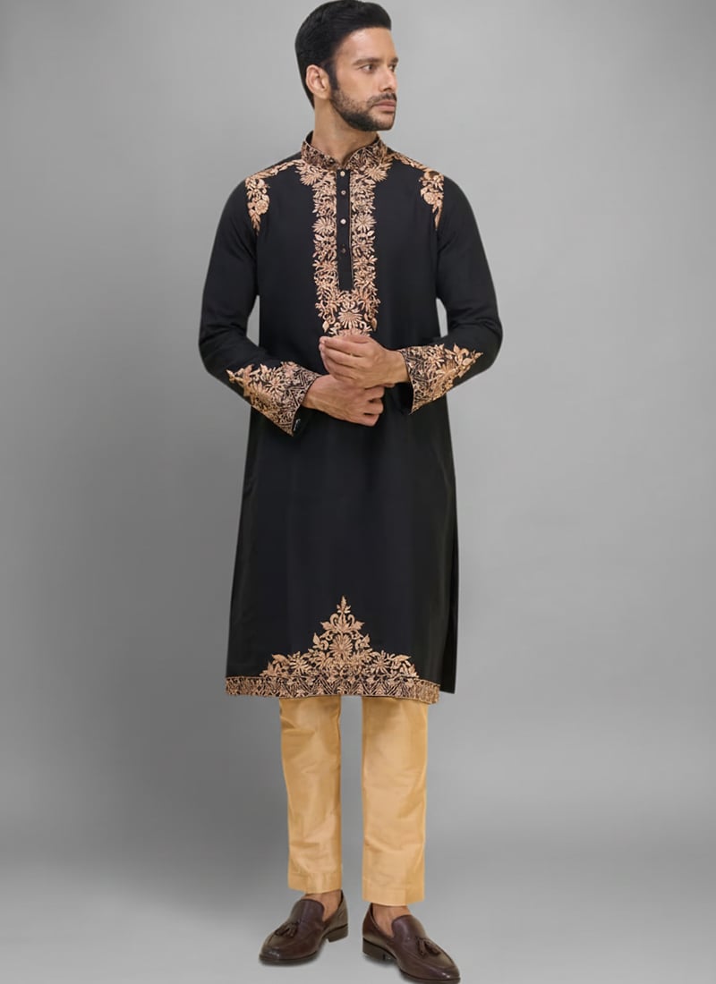Luxurious Black Silk Embroidered Kurta Pyjama Festive Wear