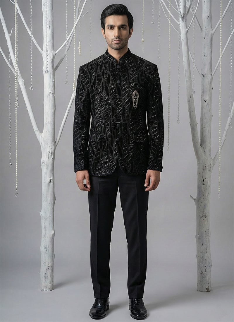 Luxurious Black Velvet Zari Embroidered Thread Bandhgala Suit Wedding Wear