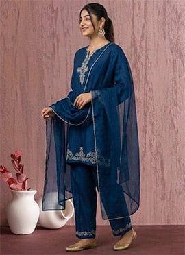 Luxurious Blue Art Silk Zari Sequins Straight Pant Suit