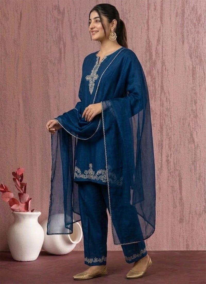 Luxurious Blue Art Silk Zari Sequins Straight Pant Suit After Six Wear