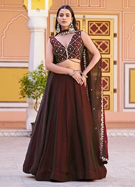 Luxurious Coffee Fendy Silk Sequence Thread Embroidery Work Umbrella Lehenga