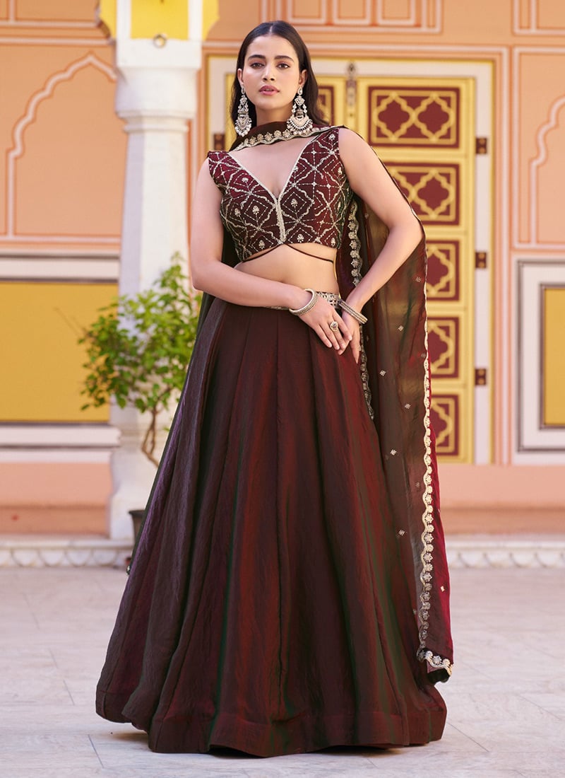 Luxurious Coffee Fendy Silk Sequence Thread Embroidery Work Umbrella Lehenga After Six Wear