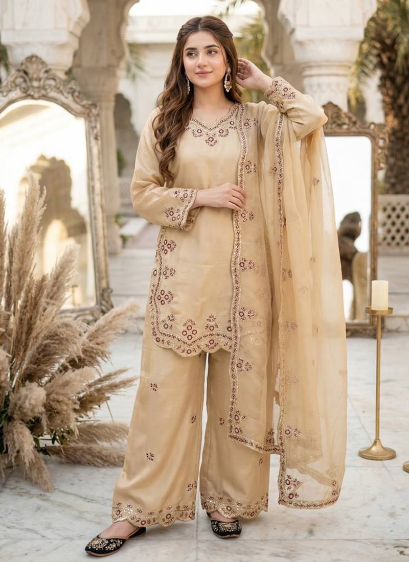 Luxurious Copper Gold Satin Blend Embroidered Sequins Palazzo Suit After Six Wear