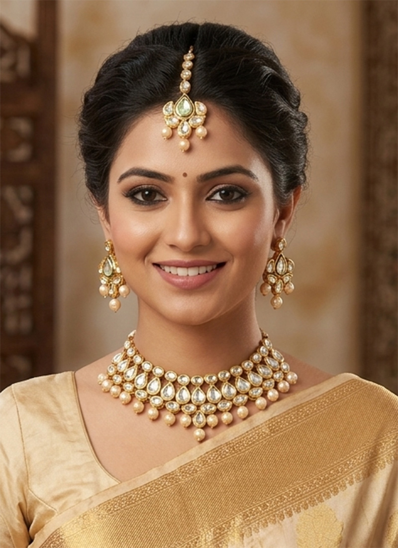 Luxurious Gold Kundan Pearl Choker Wedding Wear