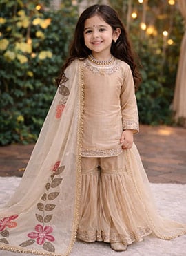 Luxurious Golden Silk Embroidery Sequence Work Kids Girls Sharara Suit