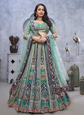 Luxurious Green Banarasi Silk Lehenga With Stone Sequins Accents And Zari Embroidery