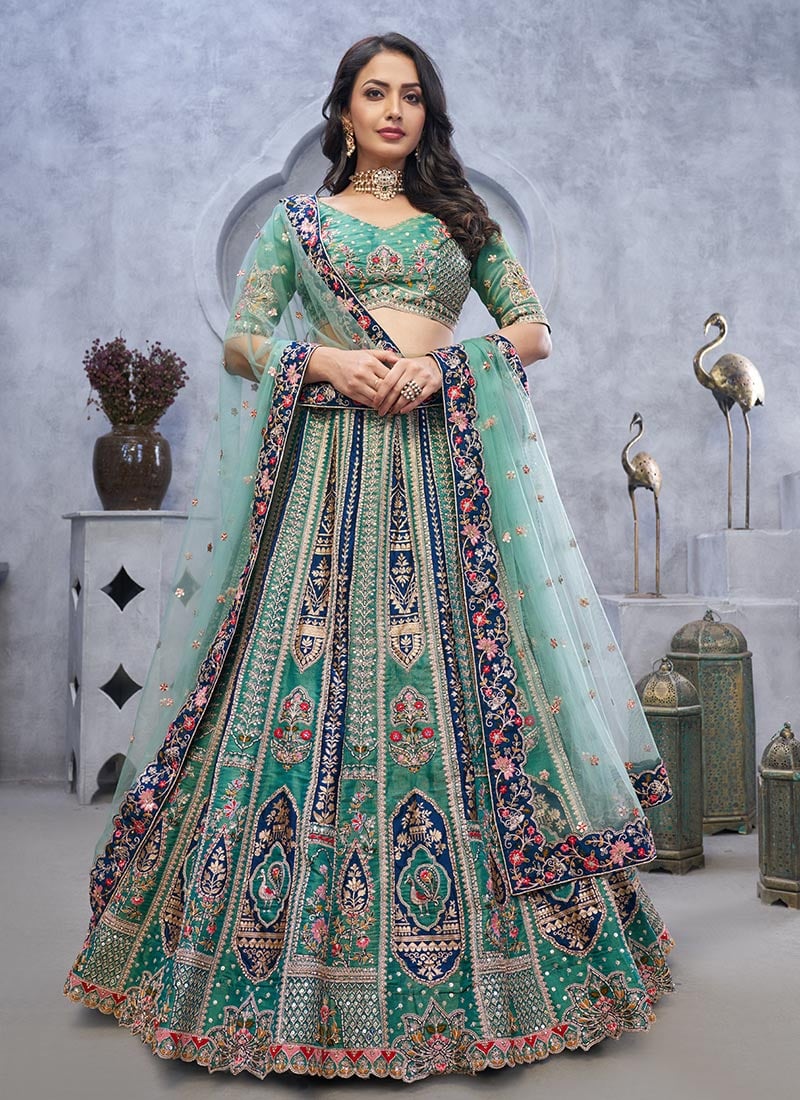 Luxurious Green Banarasi Silk Lehenga With Stone Sequins Accents And Zari Embroidery Wedding Wear