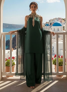 Luxurious Green Silk Stones Sequins Beads Hand Work Farshi Suit