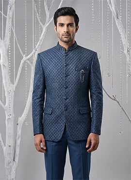 Luxurious Navy Blue Silk Sequins Embroidered Thread Bandhgala Suit