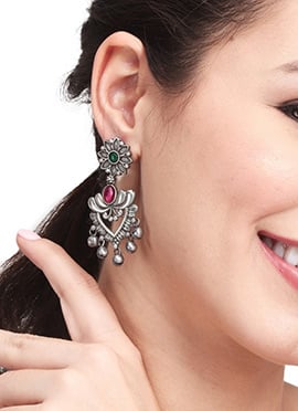 Luxurious Oxidised Silver Dual Gem Floral Jhumka