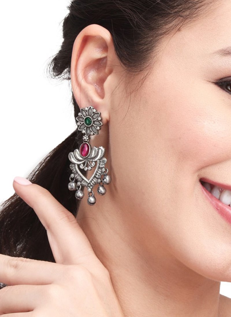 Luxurious Oxidised Silver Dual Gem Floral Jhumka Festive Wear