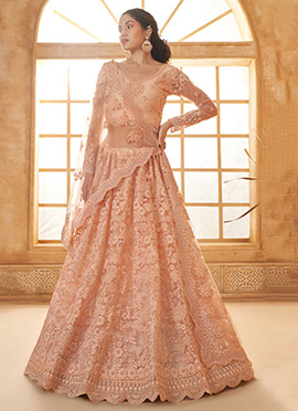 Luxurious Peach Net Embroidered Stone Work Lehenga