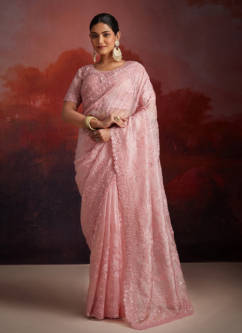 Luxurious Peach Organza Zarkan Thread Cut Dana Work Embroidered Beads Sequins Saree