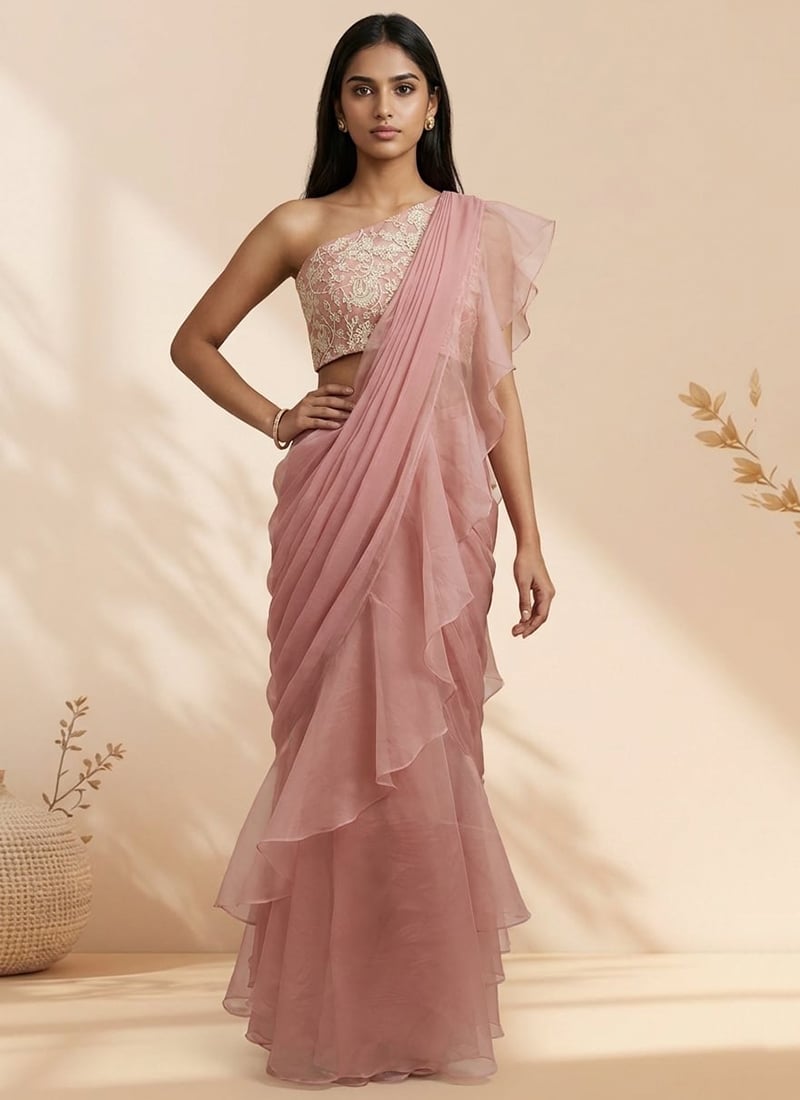 Luxurious Pink Organza Sequins Stones Hand Embroidered Saree Wedding Wear