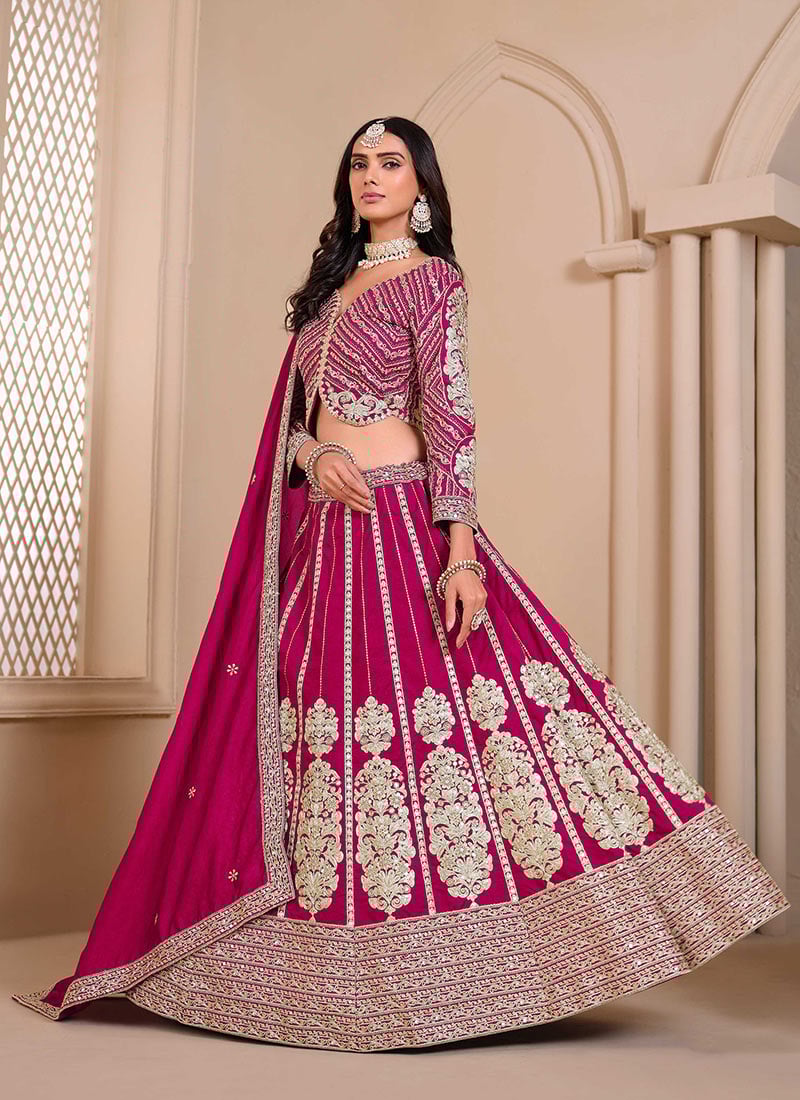 Luxurious Pink Silk Zari Embroidered sequins Lehenga Wedding Wear