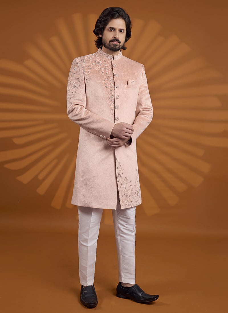 Luxurious Pink Velvet Embroidered Classic Sherwani Wedding Wear