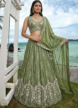 Luxurious Pista Chiffon Embroidered Umbrella Lehenga