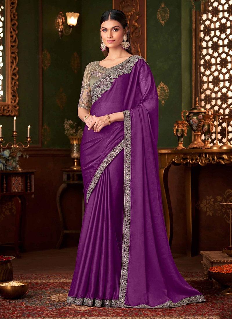 Luxurious Purple Chiffon Silk Zari Embroidered Sequins Saree Wedding Wear