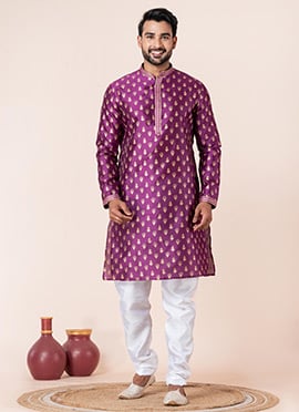 Luxurious Purple Dupion Silk Printed Kurta Pyjama