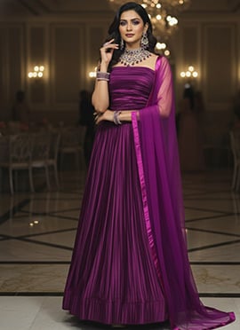 Luxurious Purple Satin Silk Pleated Work Umbrella Lehenga