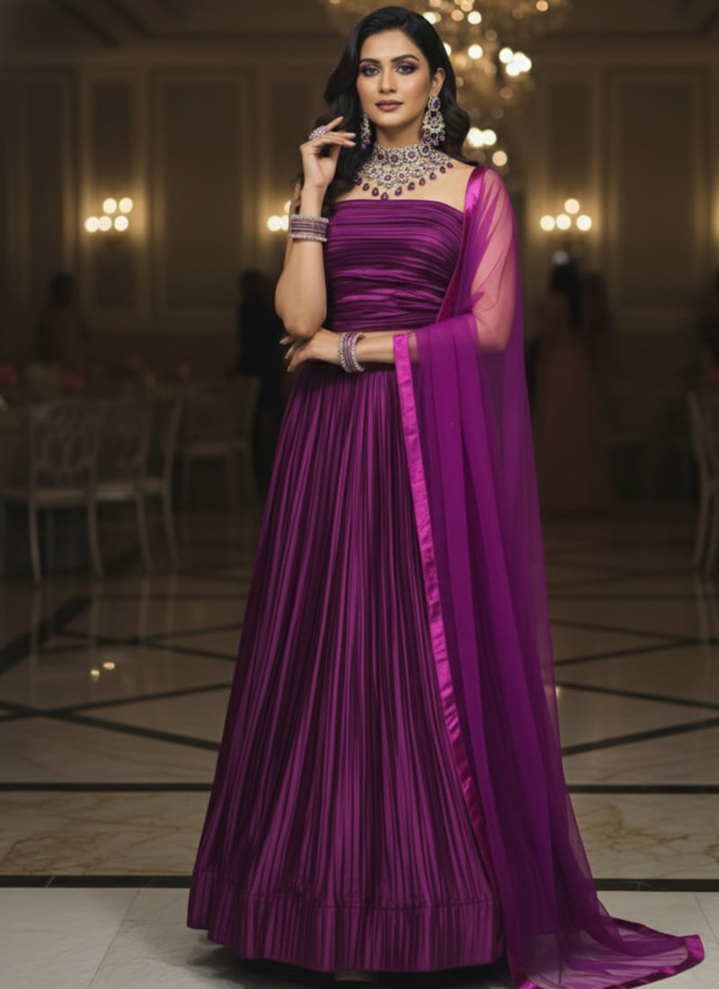 Luxurious Purple Satin Silk Pleated Work Umbrella Lehenga After Six Wear