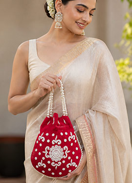 Luxurious Red  Silk Beads Moti Potli Bag