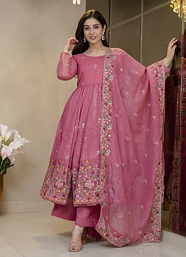 Luxurious Rose Pink Silk Embroidered Sequins Anarkali Suit
