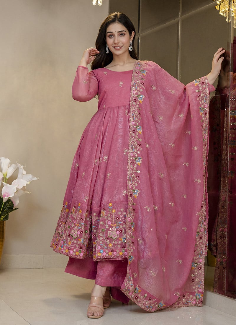 Luxurious Rose Pink Silk Embroidered Sequins Anarkali Suit After Six Wear