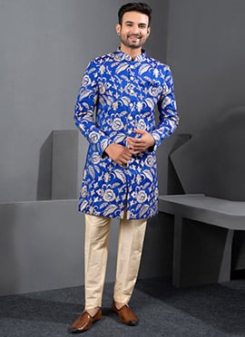 Luxurious Royal Blue Silk Zari Embroidered Thread Indowestern Sherwani