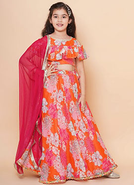Luxurious Silk Printed Kids Girls Umbrella Lehenga