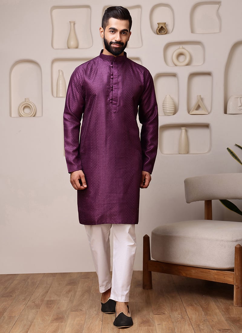 Luxurious Wine Blended Cotton Sequins Embroidered Kurta Pyjama Festive Wear