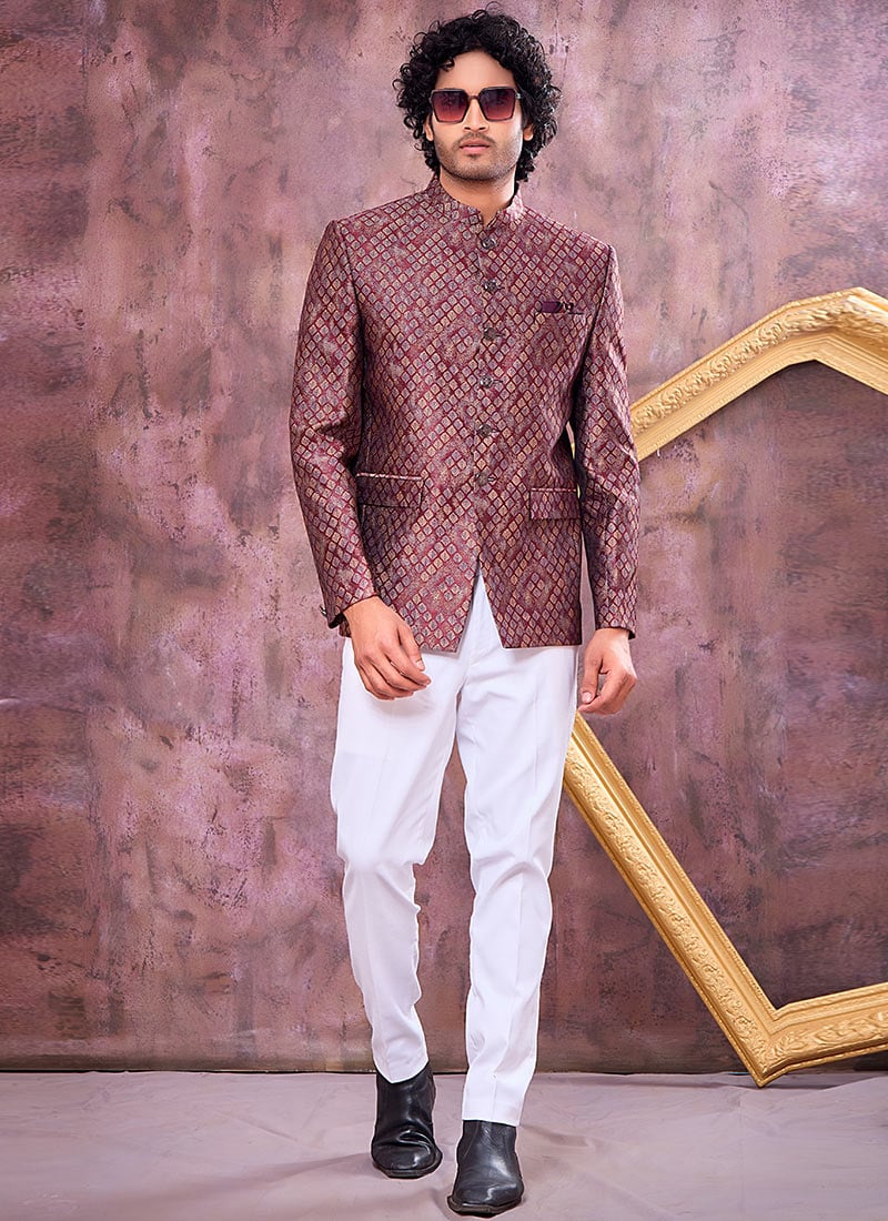 Luxurious Wine Jacquard Silk Bandhgala Jacket