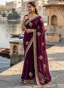 Luxurious Wine Royal Georgette Embroidered Gota Saree