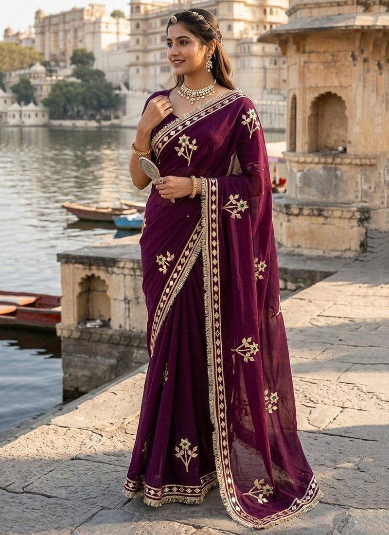 Luxurious Wine Royal Georgette Embroidered Gota Saree Festive Wear